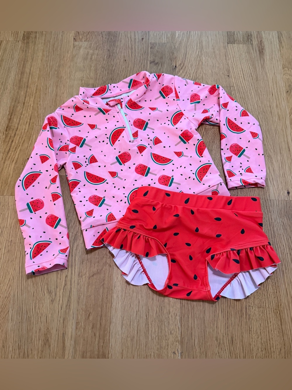 Unbranded Baby 24 MONTHS Pink Red Watermelon Print Long Sleeve Bikini Swim Suit